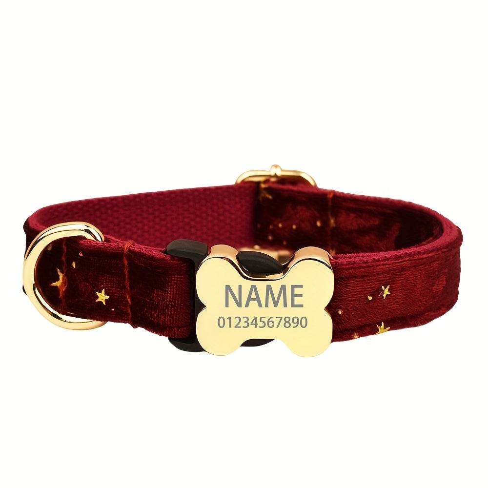 Personalized dog collar with engraved ID tag and adjustable polyester design for comfort and safety