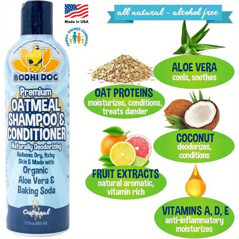 Bottle of oatmeal shampoo and conditioner for dogs and cats with moisturizing formula