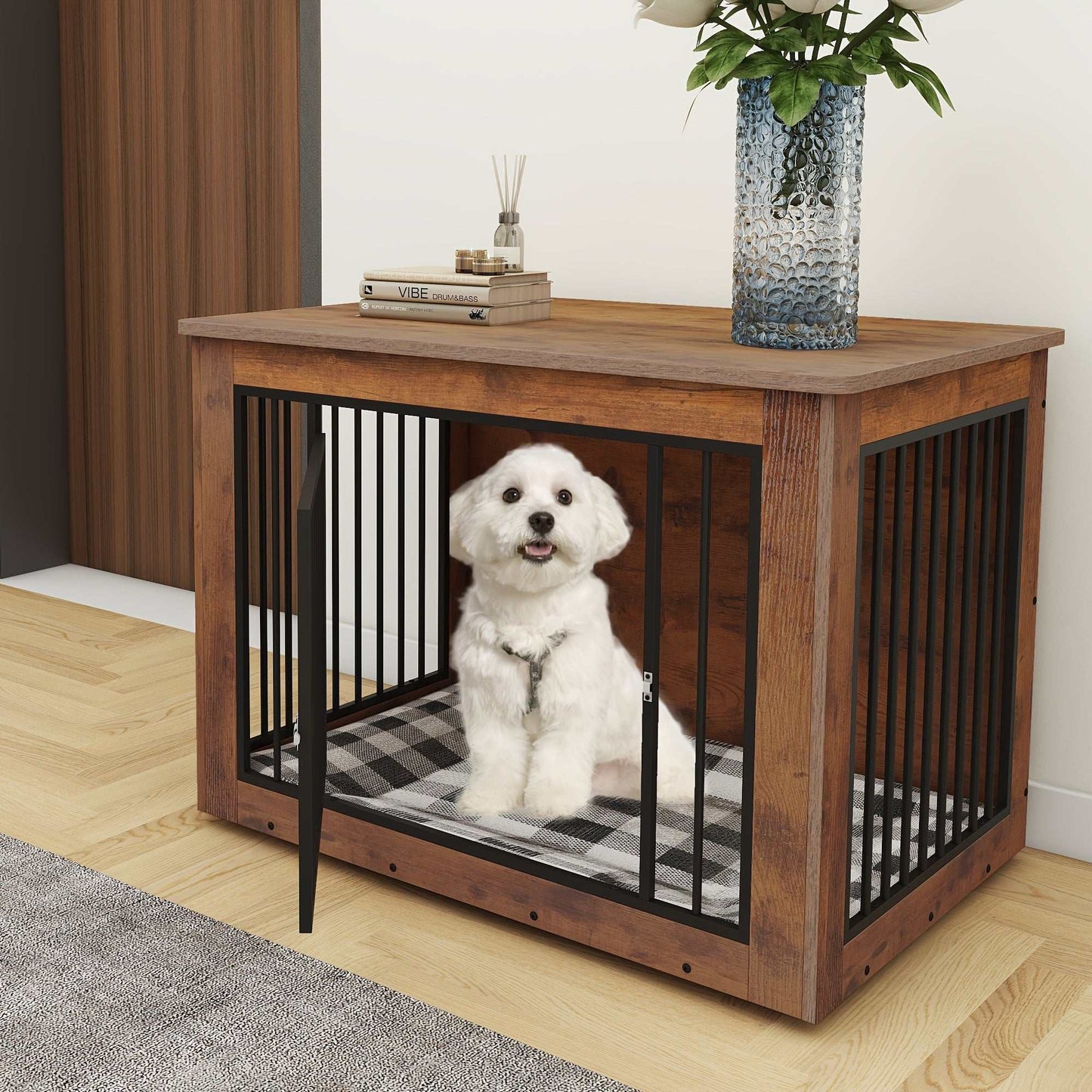 Modern dog crate furniture and end table combo crafted from wood with ventilation and easy access for pets