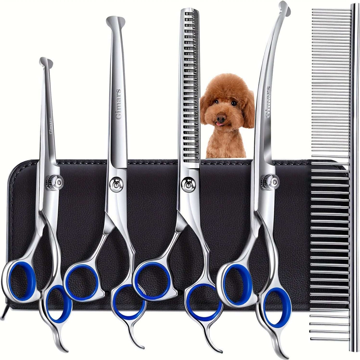 7-Pack stainless steel dog grooming scissors set with straight, curved, thinning, blending, and round-tip scissors plus case and cleaning cloth