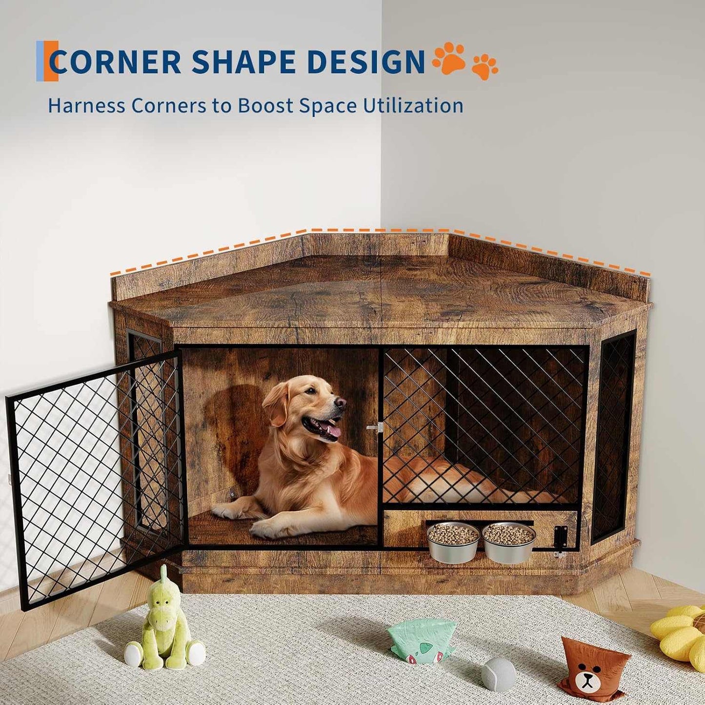 GAOMON Corner Dog Crate End Table With Rotating Feeder