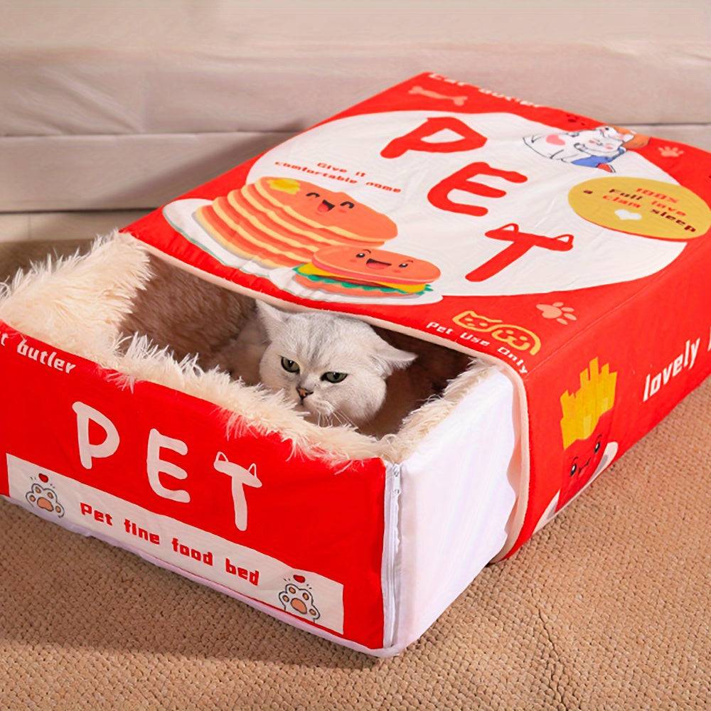 Rectangular fully enclosed cat bed with plush polyester filling and detachable cover for all-season warmth and privacy