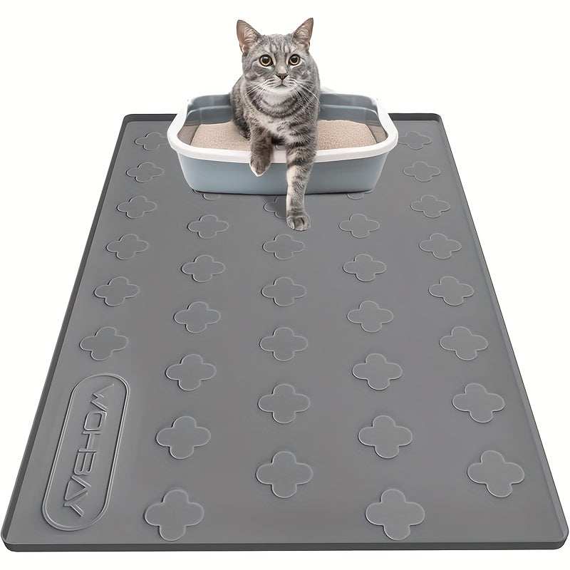 Washable silicone cat litter and food mat with raised edges for easy cleanup and spill prevention