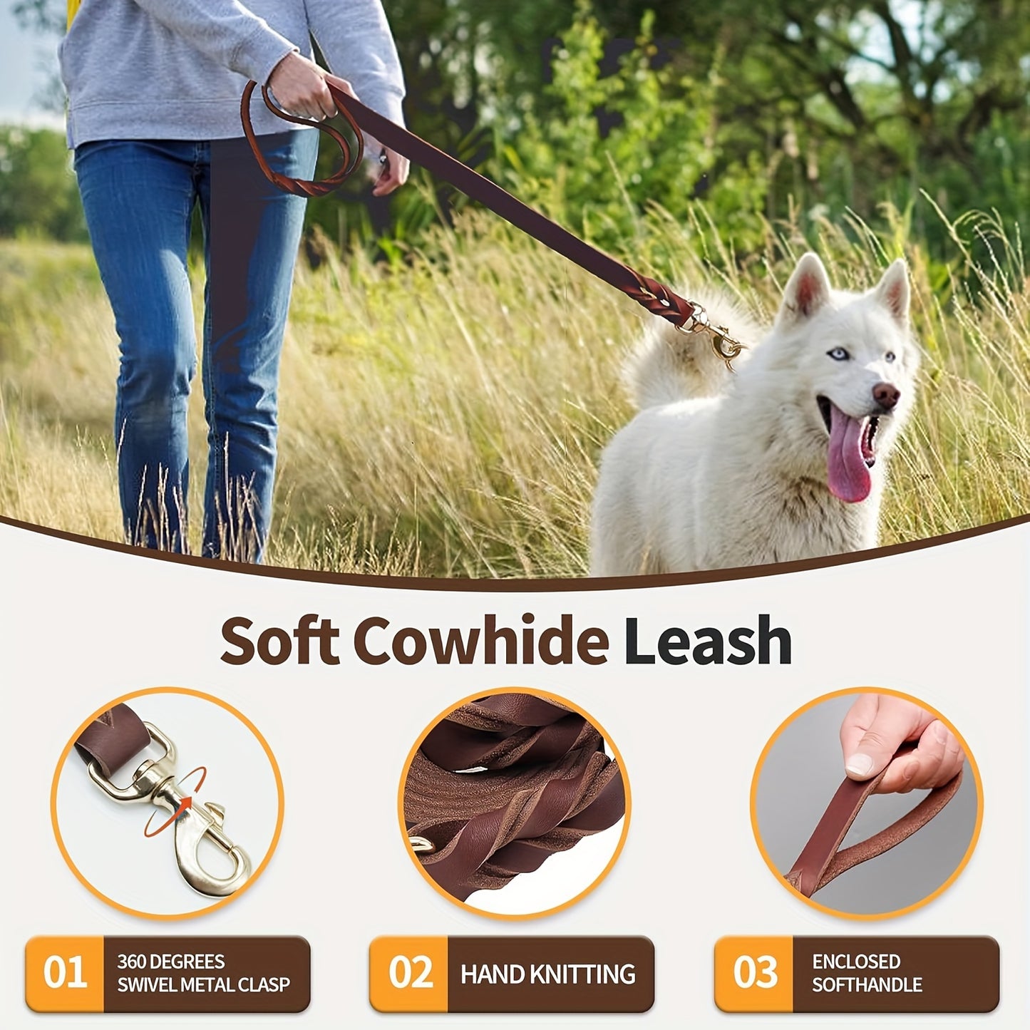 Handcrafted Braided Leather Dog Leash with Comfortable Non-Slip Handle