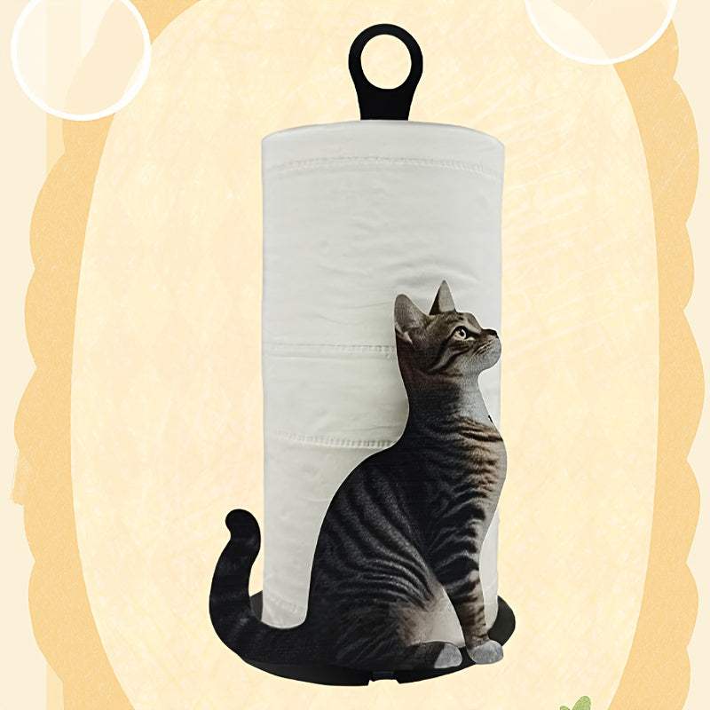 Cat shaped iron paper towel holder on kitchen counter with towels
