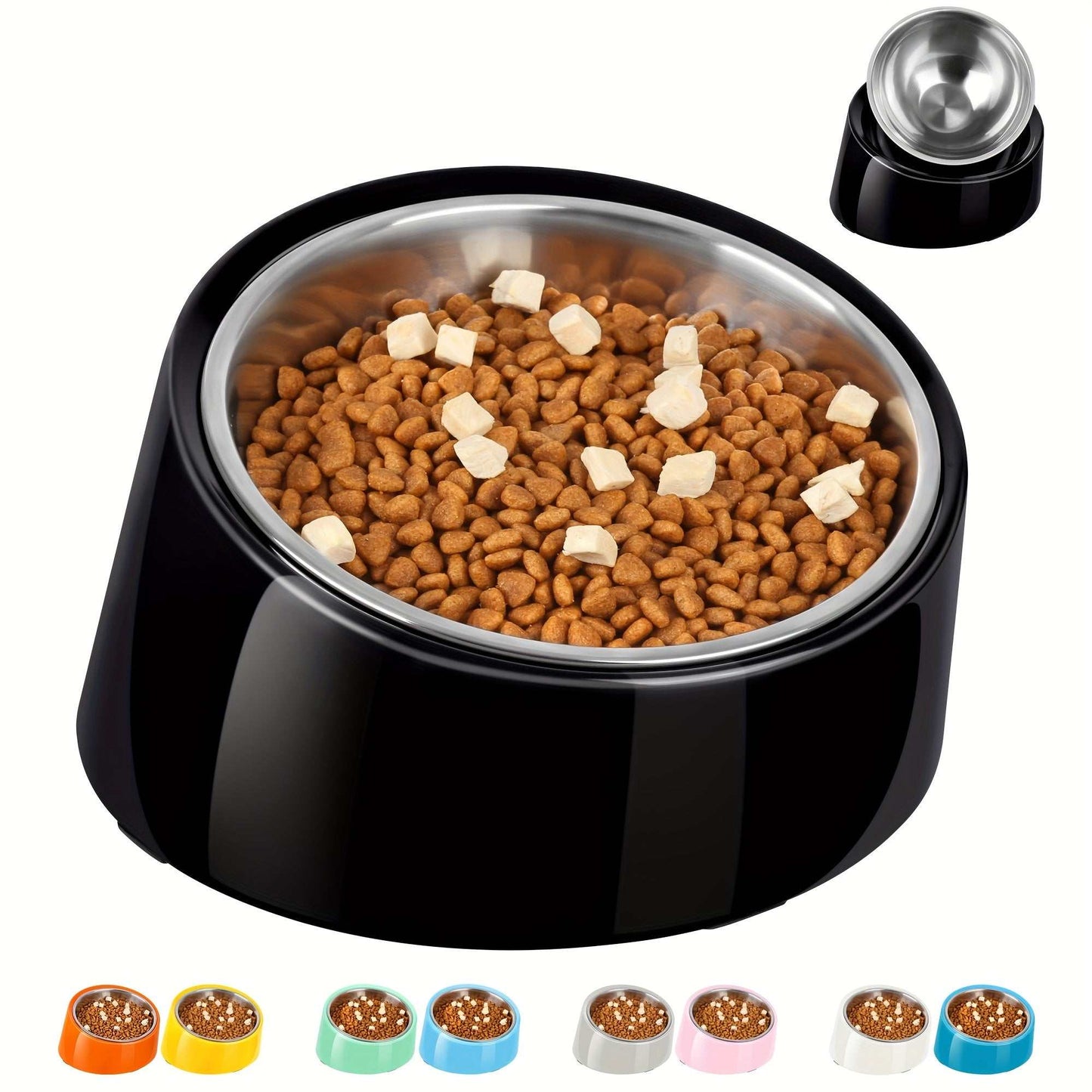 Slanted dog bowl with stainless steel bowl and non-slip melamine stand angled for comfortable pet dining