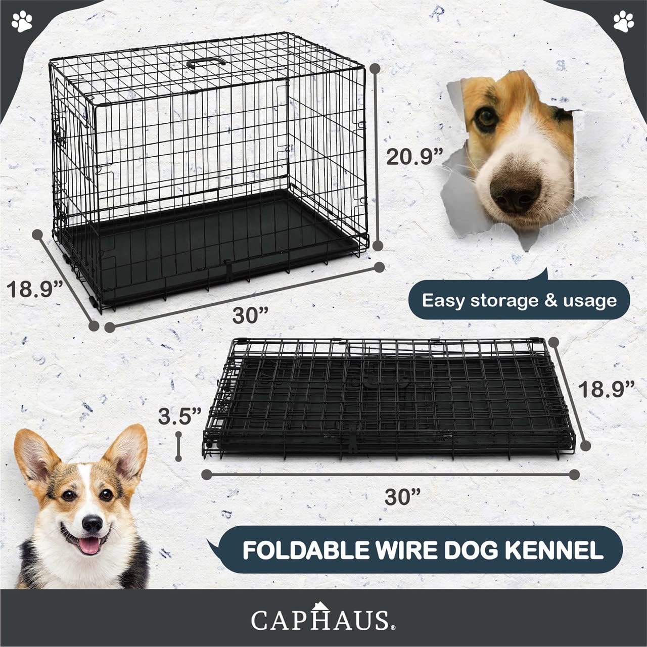Caphaus Foldable Dog Crate with Leak-Proof Pan and Divider