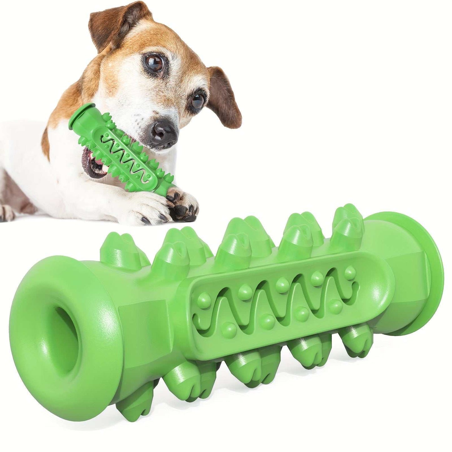 Durable dog toothbrush toy made of thermoplastic rubber with stripe pattern for chewing and dental care