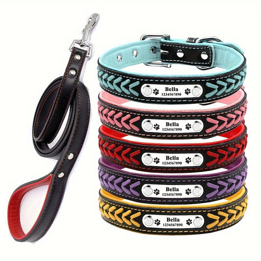 Personalized Leather Dog Collar And Leash Set With Engraving