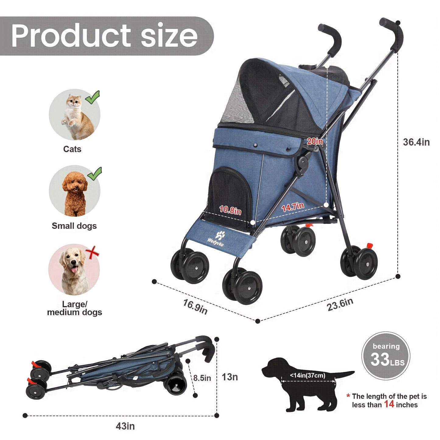 WEDYVKO Dog Stroller For Pets With Alloy Frame Basket