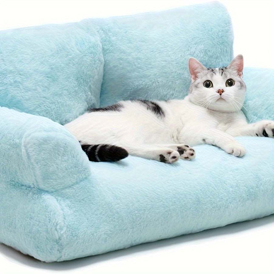 Fluffy black cat bed sofa with non-skid bottom for large cats and kittens