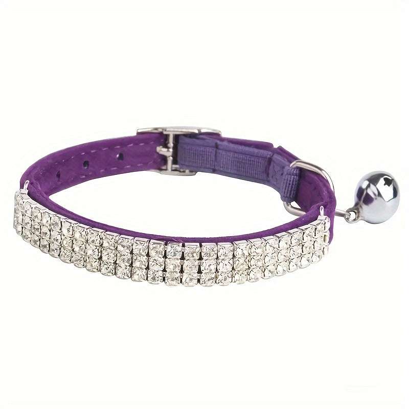 Adjustable Velvet Cat Collar With Bell And Glitter Diamonds