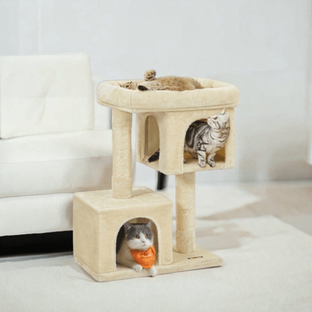 Cat Tree Tower For Indoor Cats With Two Caves And Perch
