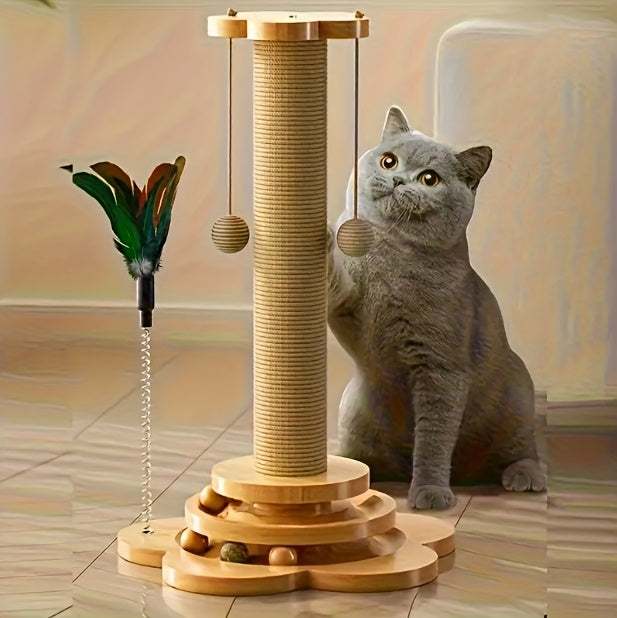 4 In 1 wooden cat scratching post with interactive toys and sisal fiber for claw maintenance and play