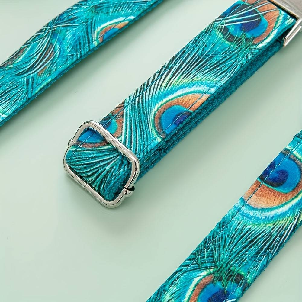 Vibrant peacock print dog collar made of durable polyester for all breeds