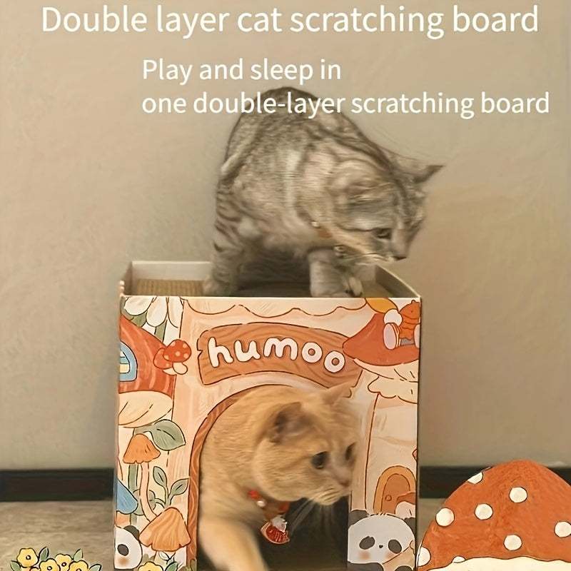 Double Layer Foldable Cat House with built-in scratcher and hammock for cats lounging and playtime