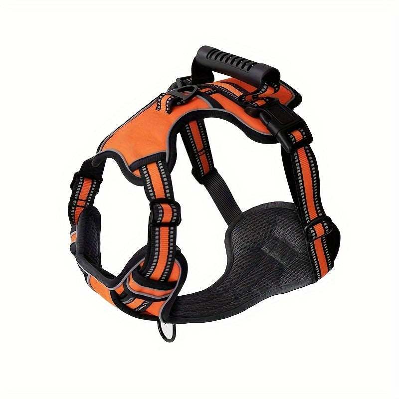 Adjustable reflective no choke no pull dog harness with leash on a walking dog