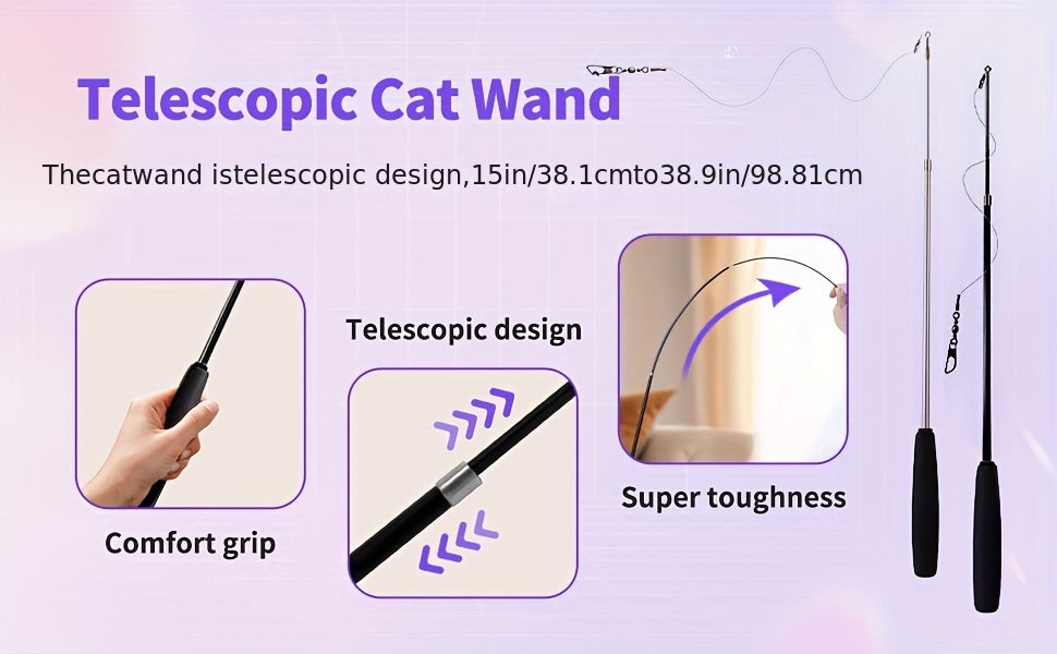 Interactive Cat Wand Toy With Retractable Feather Refills