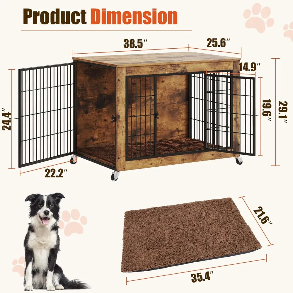 Double Door Wooden Dog Crate With Wheels And Cushion