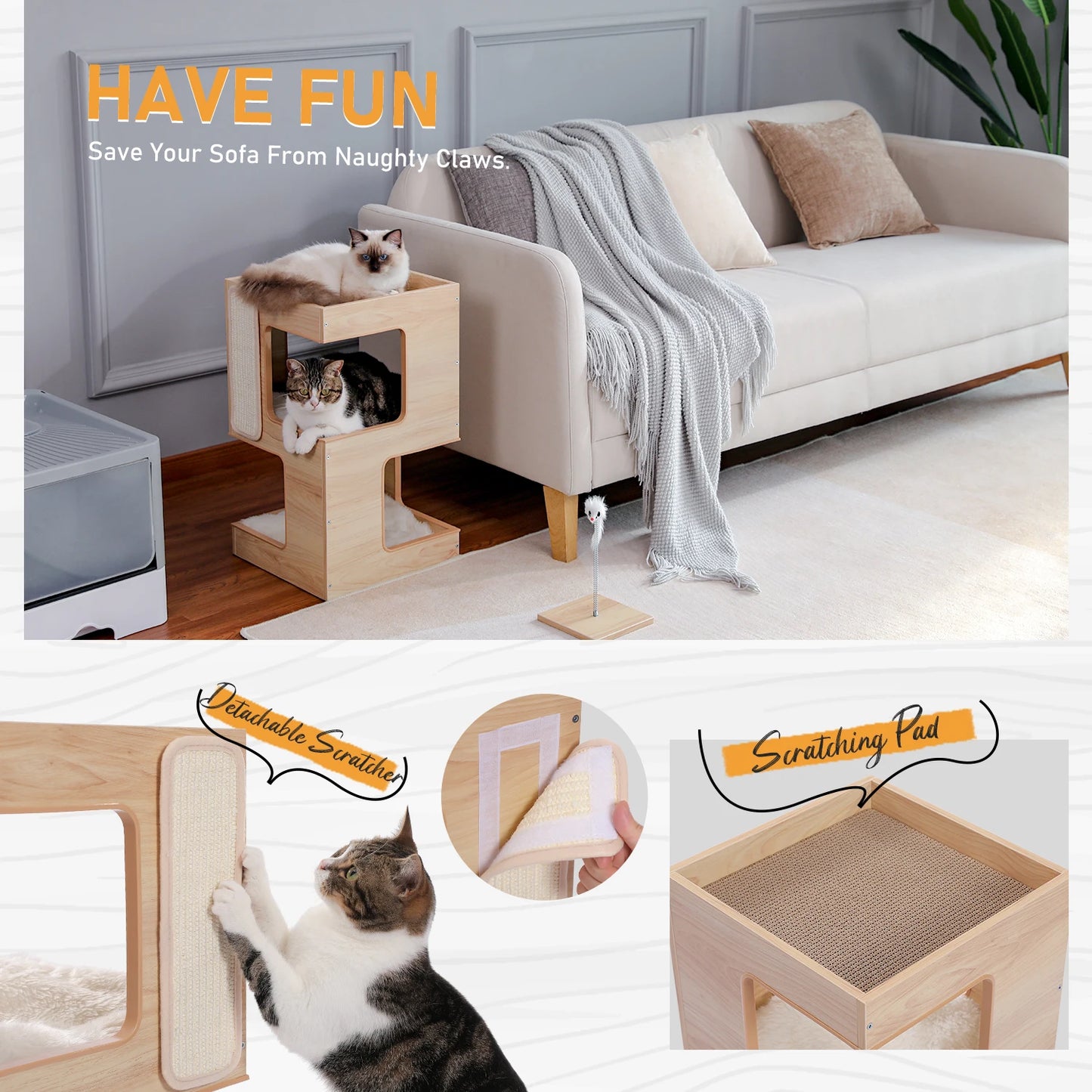 PEQULTICN Cat Bed With Two Condos Scratcher Plush Mats