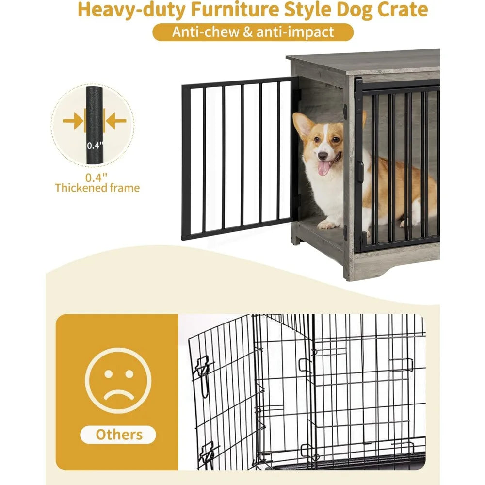 Sturdy Wooden Dog Crate Furniture With Double Doors For Medium And Small Dogs Indoor Pet Cage End Table