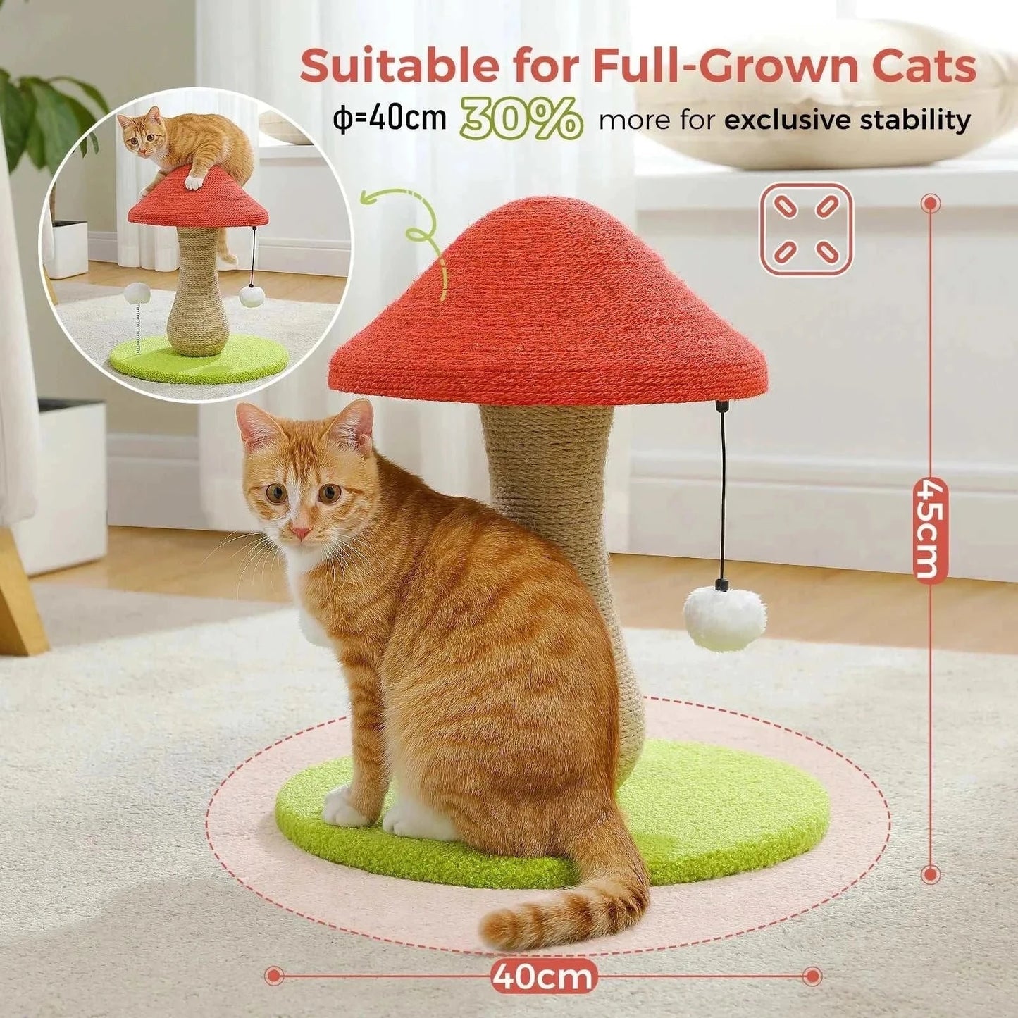 Mushroom cat scratching post with double tiers, 100% sisal cover, pompom toys, and sturdy base for indoor cats