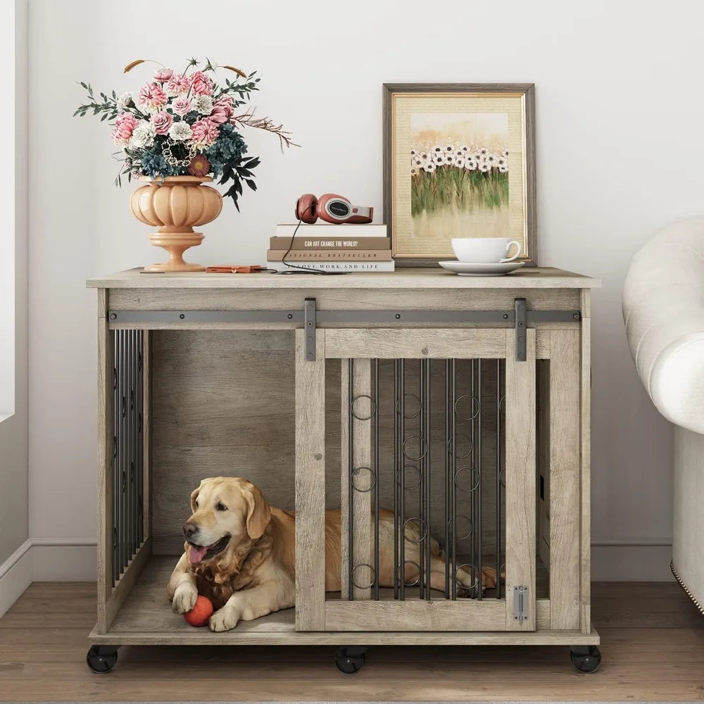 Lockable Dog Crate End Table With Sliding Door Wheels