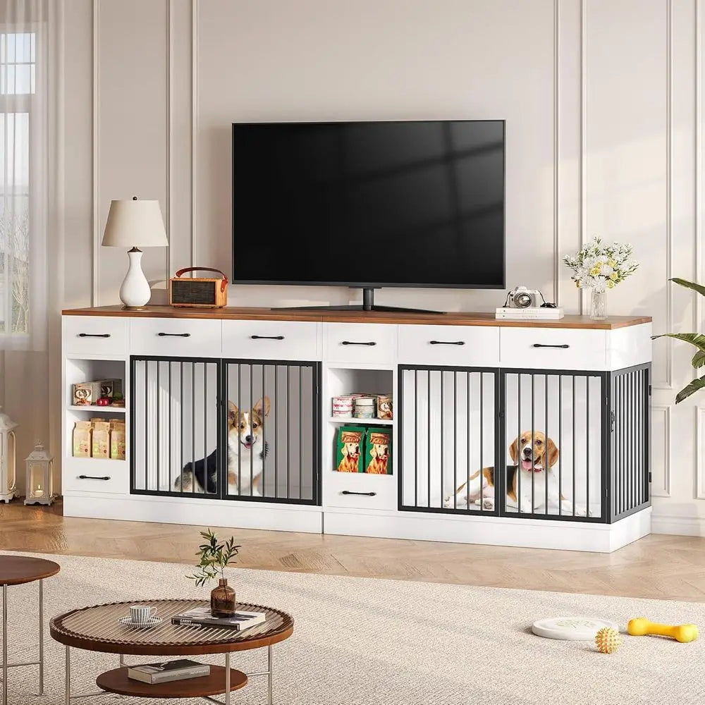 Wooden Dog Crate With Storage Drawers And Hidden Bowl Shelf