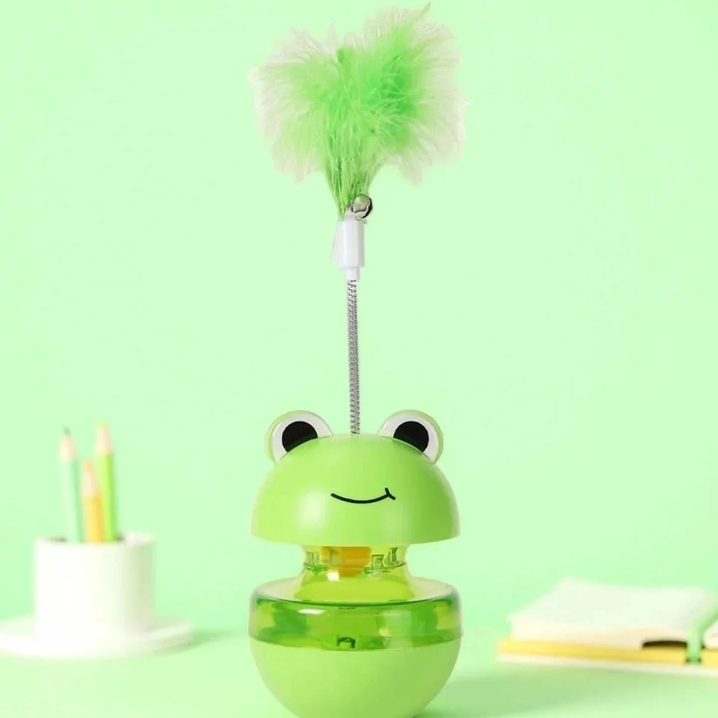 Frog Wobbler Cat Toy Spin Treat Dispenser With Feather Teaser