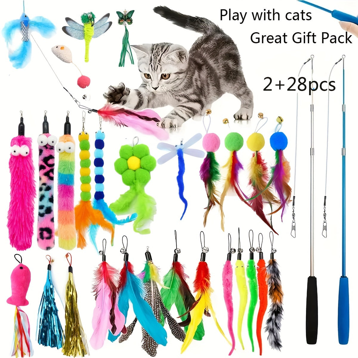Interactive Cat Wand Toy With Retractable Feather Refills