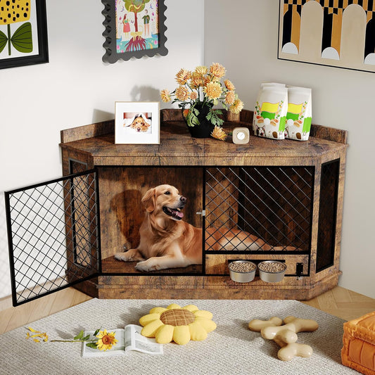 GAOMON Corner Dog Crate End Table With Rotating Feeder