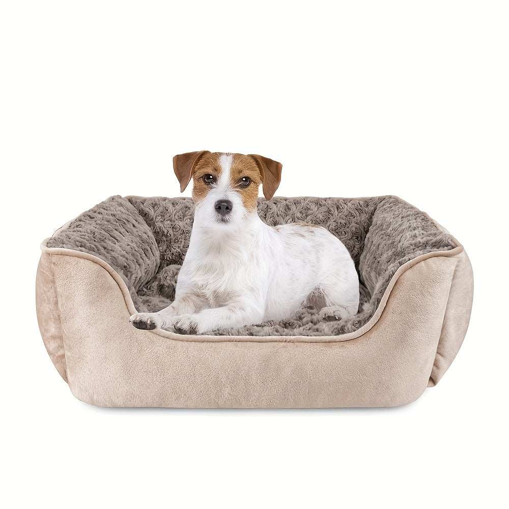 Cozy plush dog bed with non-slip bottom in khaki for all dog breeds