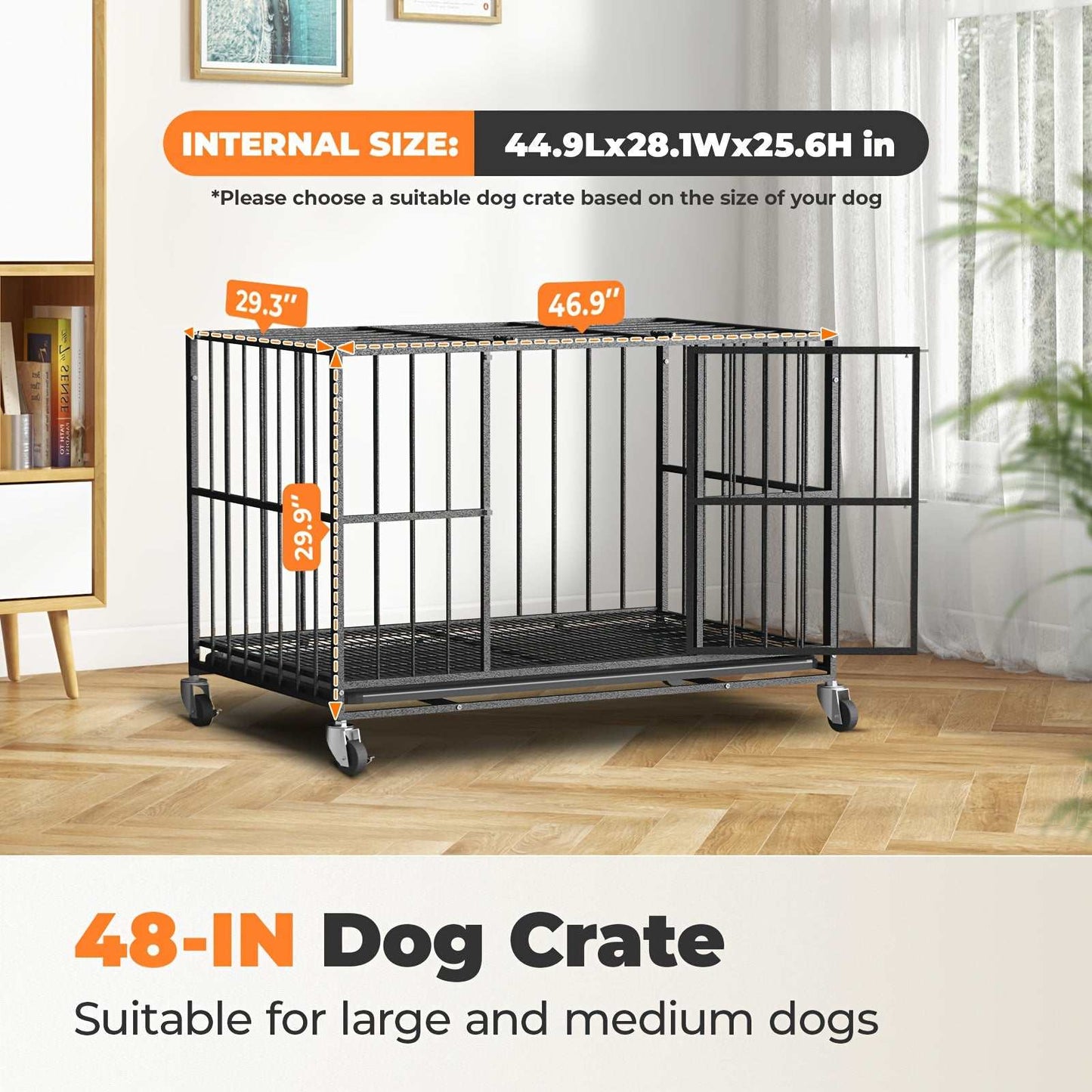 HIWOKK Heavy Duty Iron Dog Crate With Wheels And Tray