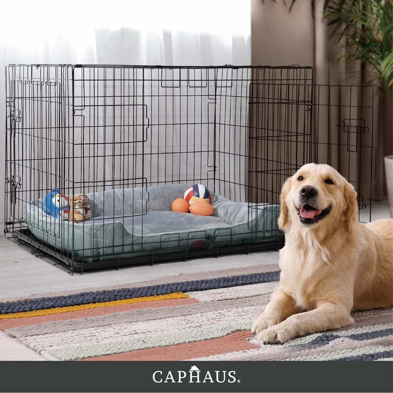 Caphaus Foldable Dog Crate with leak-proof pan, divider, and single front door for large dogs