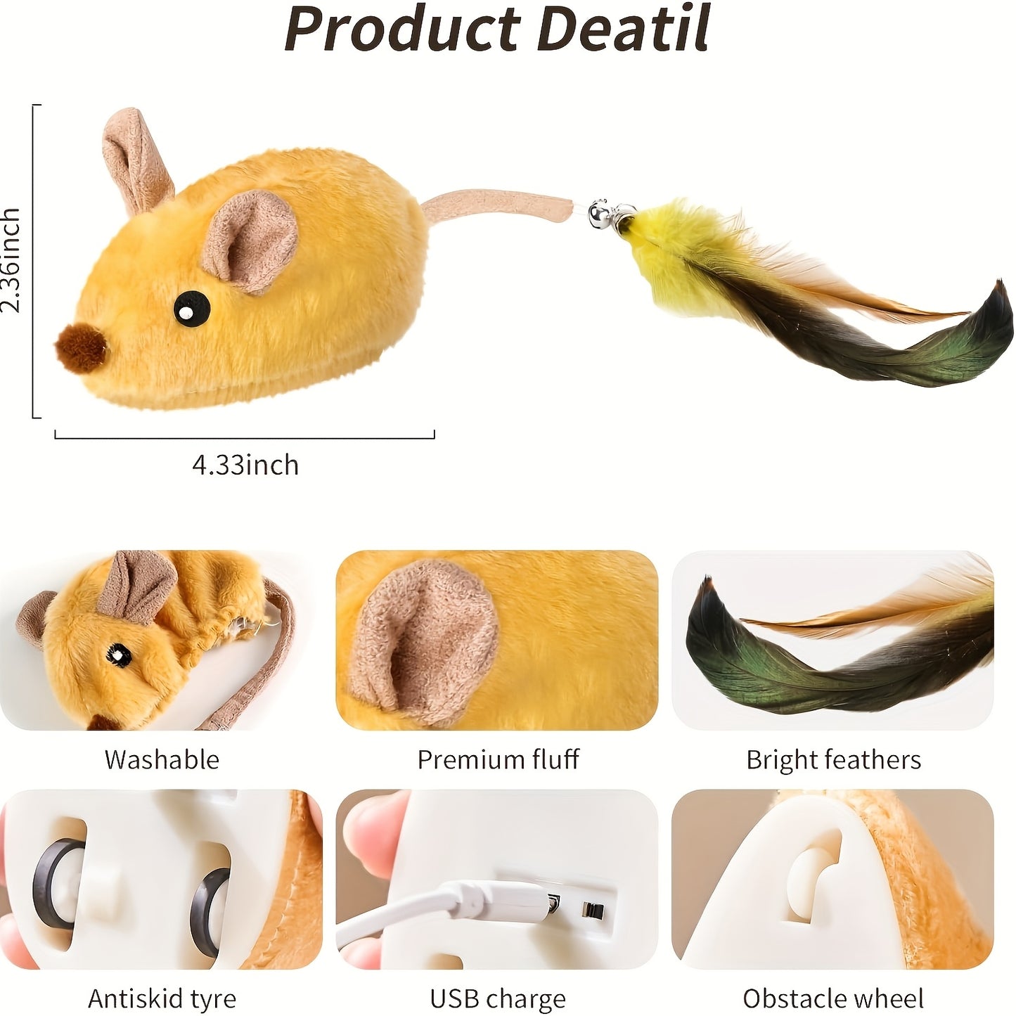 Interactive Rechargeable LED Cat Mouse Toy with Feather Tail