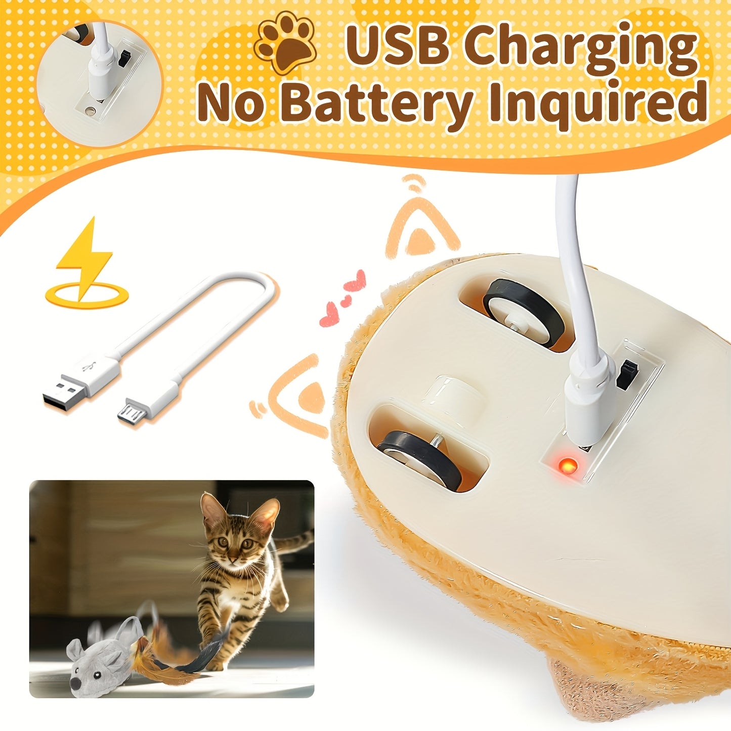 Interactive Rechargeable LED Cat Mouse Toy with Feather Tail