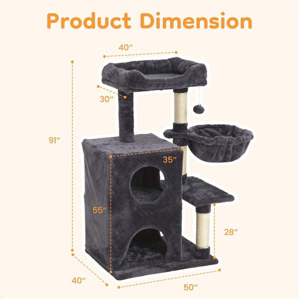 Multi-level cat tower with scratching posts and hammocks for cats