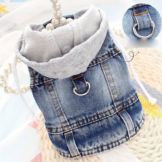 Trendy Denim Dog Vest with Adjustable Hat and Fleece Lining