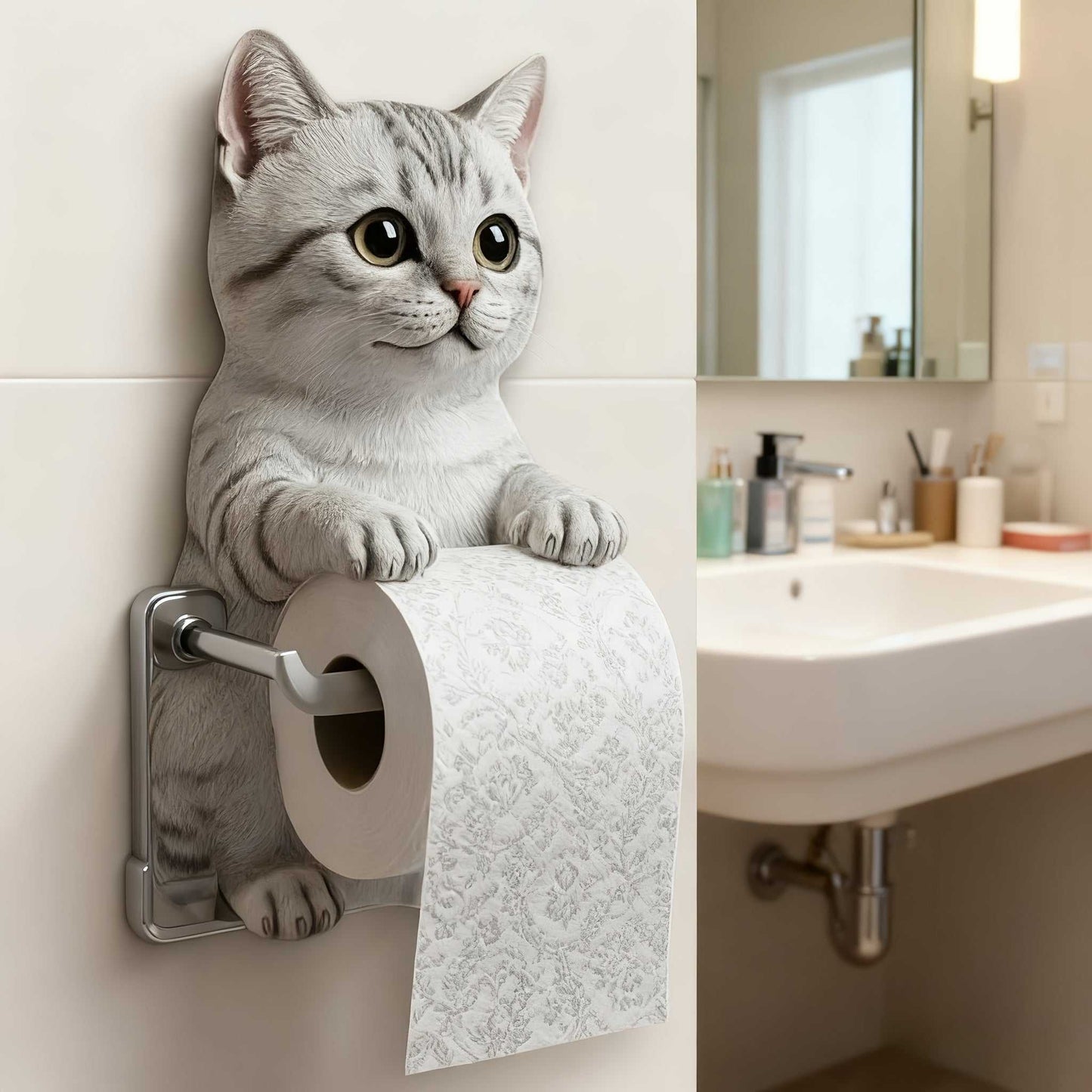Self adhesive 3D printed resin cat toilet paper holder mounted on bathroom wall