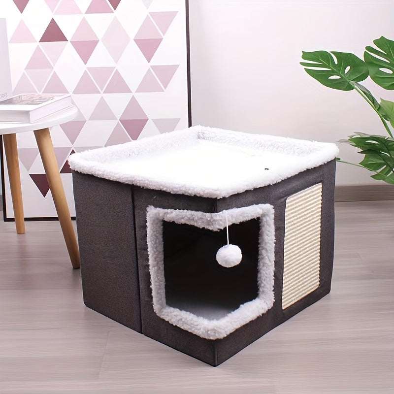 Cozy Cat Cave With Fluffy Ball And Scratch Pad