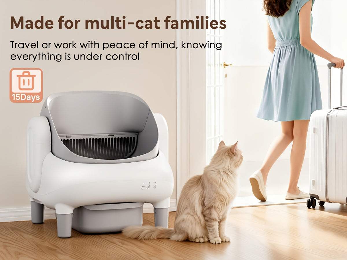 Self-Cleaning Cat Litter Box with App Control & Wi-Fi Connectivity, Large Capacity Open Design, Auto-Cleaning System, Safety Sensors, Plug-in Operation (US Plug 100-240V), Includes Garbage Bags, Modern & for Homes - Compatibl