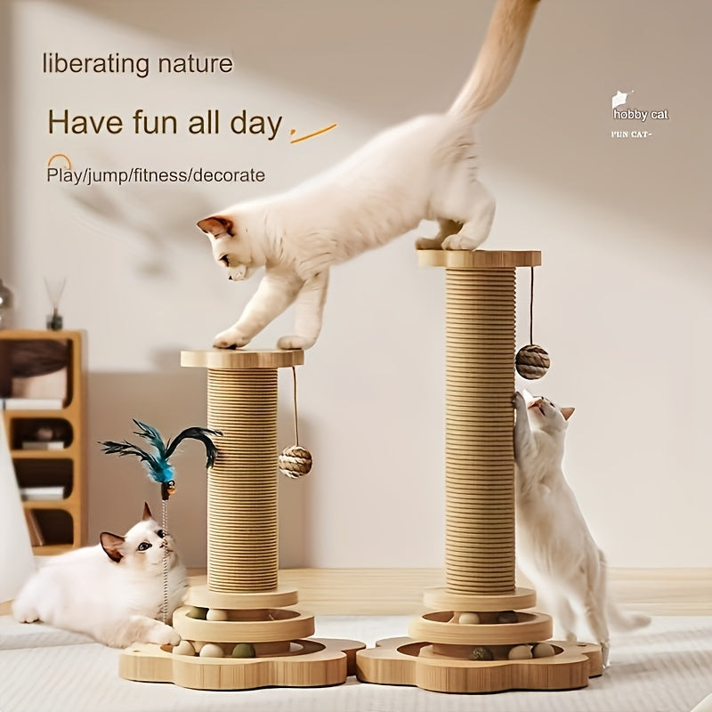 4 In 1 Wooden Cat Scratching Post With Interactive Toys