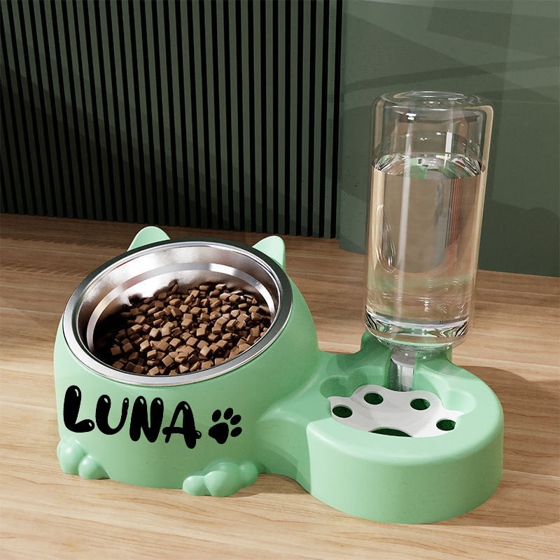 Custom Name Stainless Steel Cat Bowl With Water Dispenser
