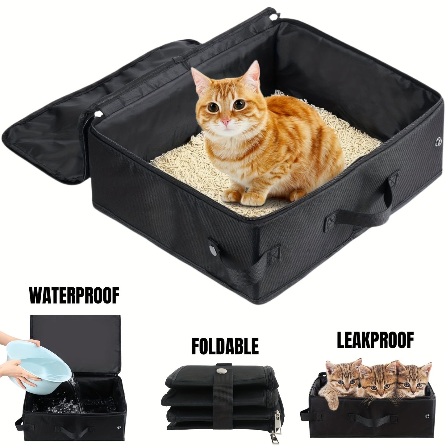 Portable Collapsible Cat Litter Box Zipper Lid for Travel