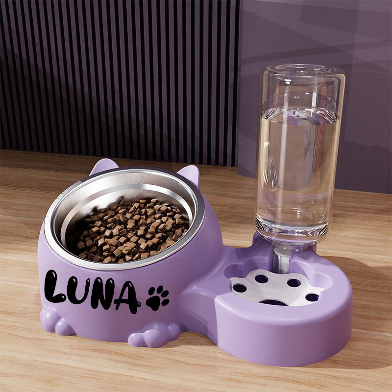 Custom Name Stainless Steel Cat Bowl With Water Dispenser