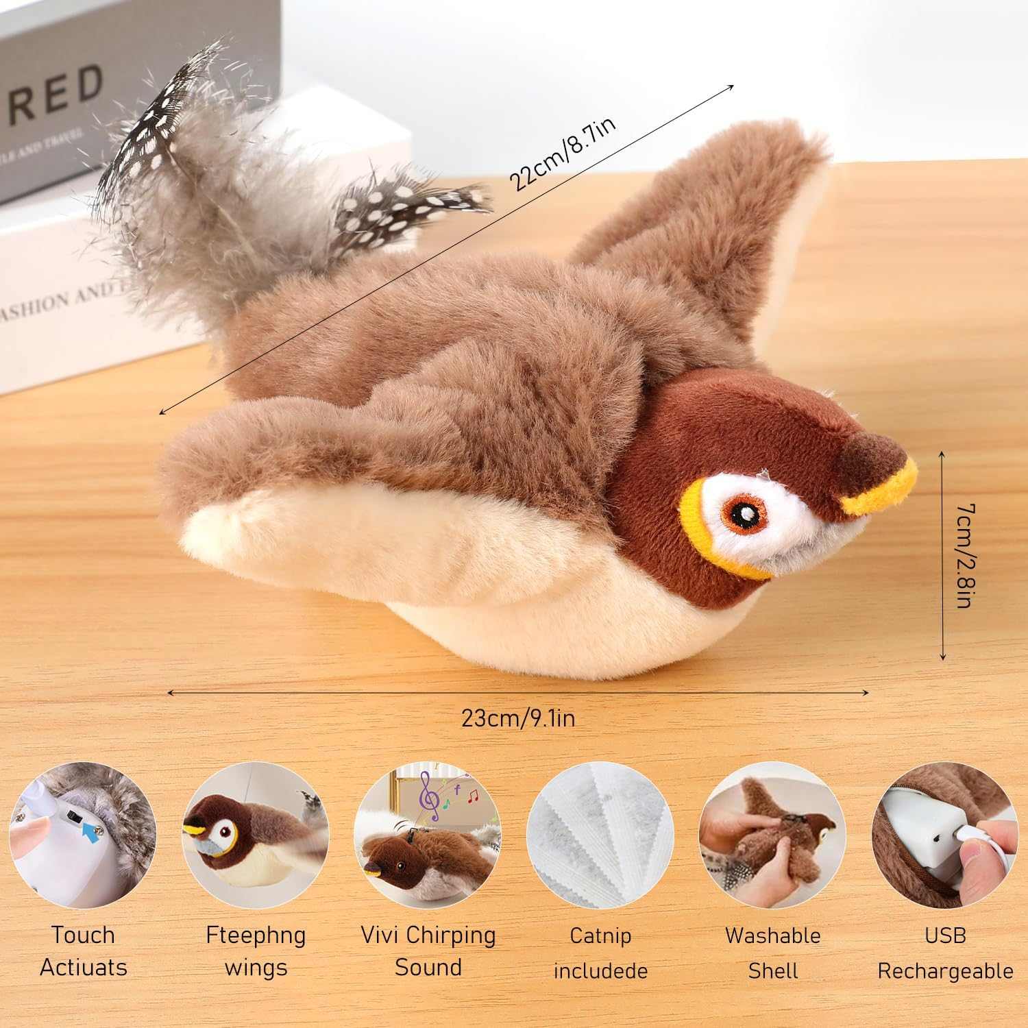 Rechargeable flying bird cat toy with realistic chirping and flapping wings for indoor kittens and all cat breeds