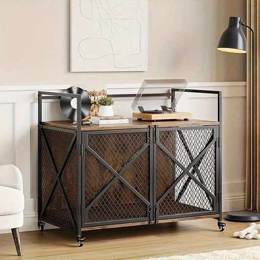 Heavy-Duty Large Dog Crate Kennel Cage Suitable for Large Dogs - 31-Inch XL Indoor Wood Crate with Lockable Wheels, X-Frame Reinforced Door & -Chew Metal Bars, Spacious Pet House Furniture for Mastiffs, German Shepherads, Hus