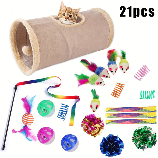 Cat Toy Set 21Pcs Foldable Play Passage and Feather Ball