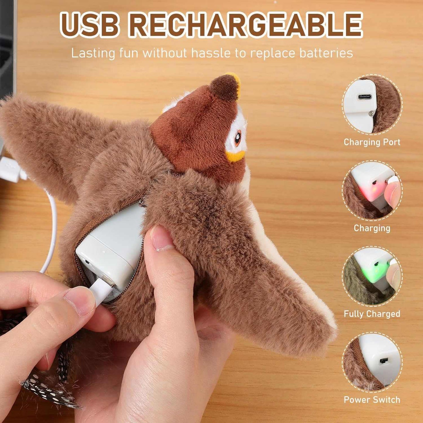 Rechargeable flying bird plush cat toy with realistic chirping and flapping wings for indoor kittens and all cat breeds