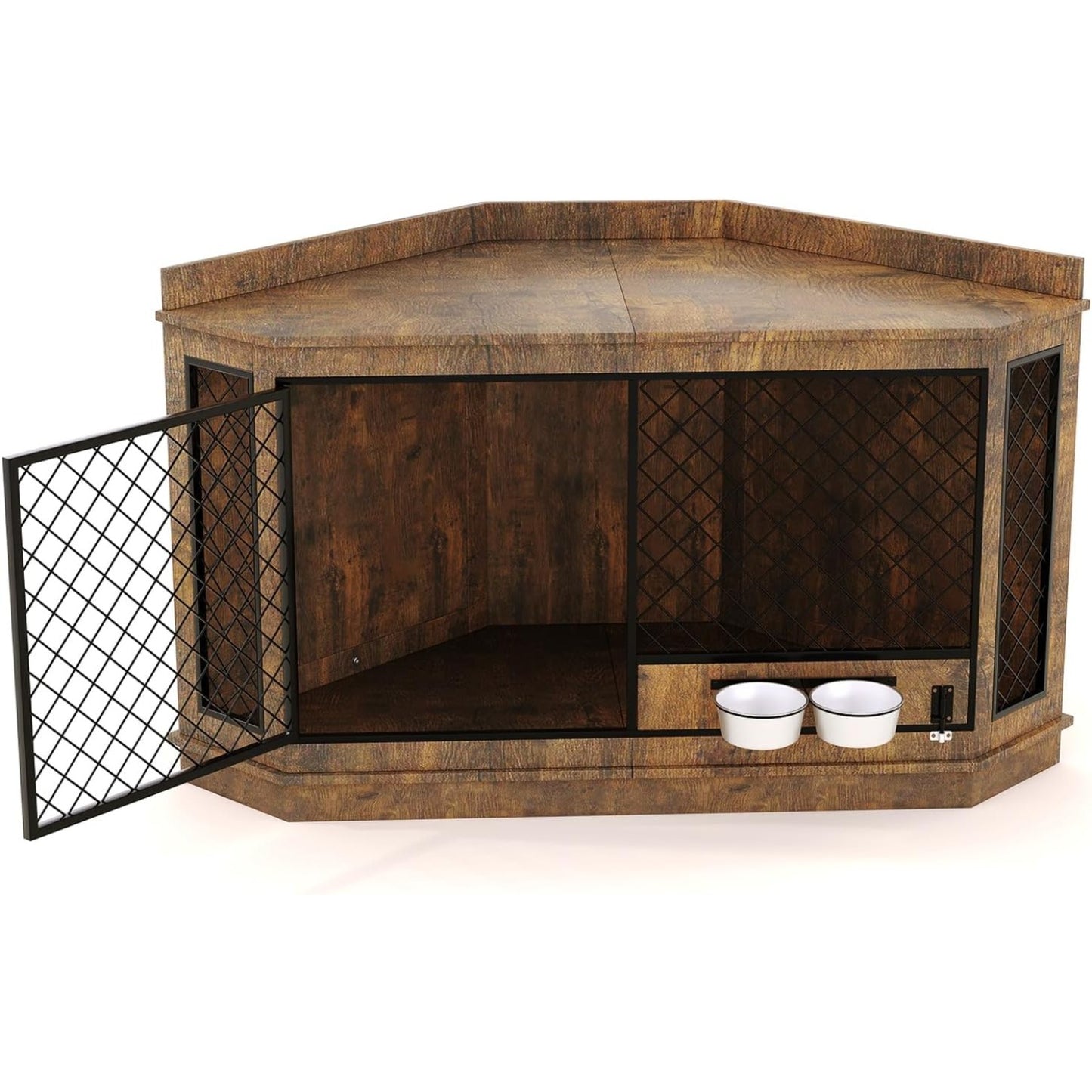 GAOMON Corner Dog Crate End Table With Rotating Feeder